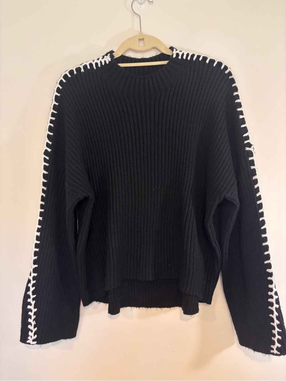 Black Contrast Stitch Ribbed Sweater Mock Neck
